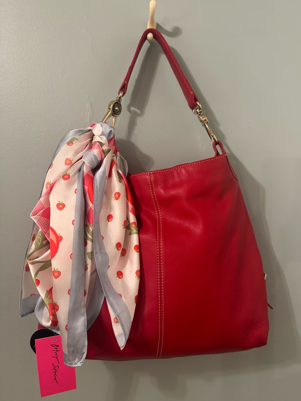 Betsey Johnson Tomato Gingham Square Scarf - Red Blue 35” x 35” - Picture 14 of 16
